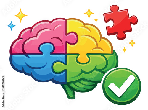 Cartoon illustration of a puzzle brain depicting creative problem solving for mental development