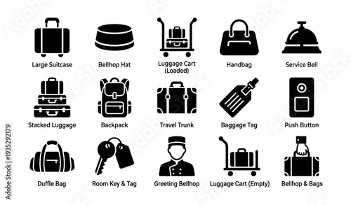 Travel icons: luggage, bellhop, backpack, handbag, service bell graphics