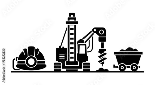 Heavy Duty Mining Industry Vector: Drilling Rig Machine with Ore Mine Cart and Miner Helmet Silhouette.