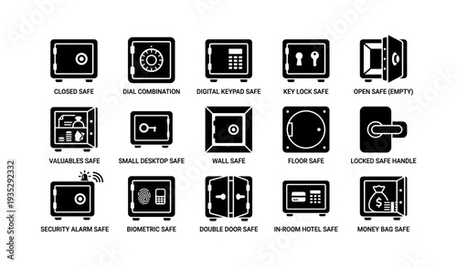Variety of safe icons: dial, keypad, key lock, biometric, and more