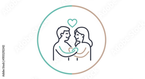 Loving couple embracing with heart above minimalist line art style symbolizing love and relationship romantic affection concept