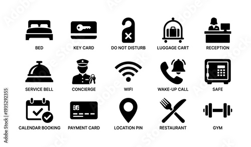 Hotel icons set: services, amenities, and facilities symbols