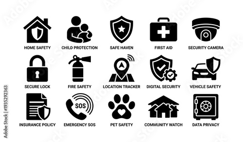 Safety icons: home, child, digital security, and emergency solutions