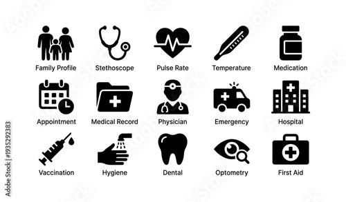 Healthcare icons set with family, stethoscope, heart, thermometer, medicine, calendar, ambulance, hospital