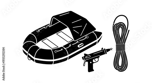 Maritime Survival and Rescue Equipment Vector: Inflatable Life Raft with Flare Gun and Coil of Rope Silhouette.