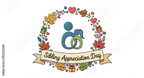 Sibling appreciation day logo with colorful leaves and gifts on beige banner