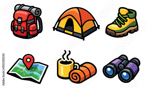 Hand drawn line art camping essentials icons set featuring a backpack, tent, hiking boot, map, sleeping bag, and binoculars for outdoor adventures