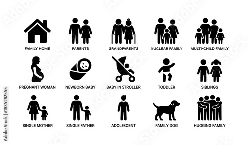 Family icons: home, generations, parenthood, children, pets, togetherness