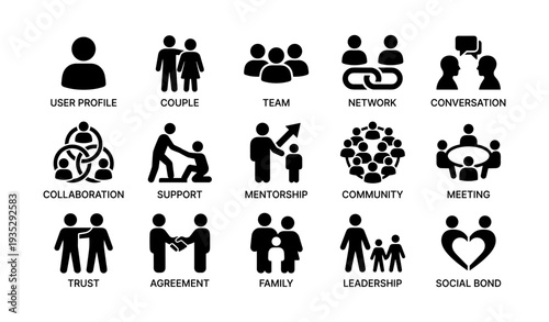 Icons representing social concepts: teamwork, support, family, community, leadership
