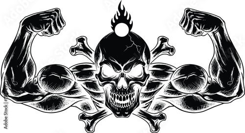 Muscular Skull with Crossbones and Flexing Arms Tattoo Style Vector Illustration