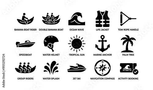 Water adventure icons: boats, safety gear, tropical elements