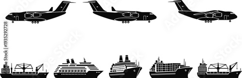 Black silhouette collection of cargo airplanes and various maritime vessels including cruise ships, container ships, and industrial freight carriers.