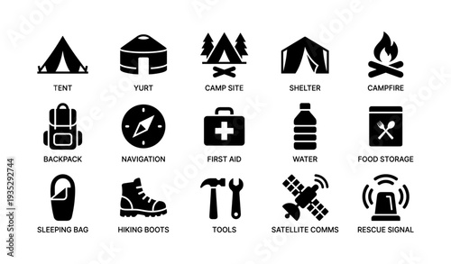 Outdoor adventure icons: camping gear and survival essentials