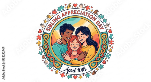 Sibling appreciation day emblem with family portrait on april 10th celebrating brother sister bond