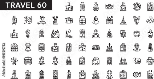Collection of black line depicting various travel related and destinations travel line black and white