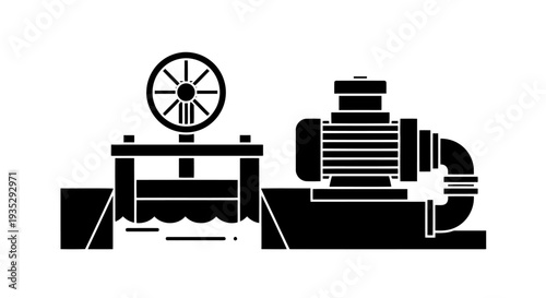 Industrial Water Infrastructure Vector: Sluice Gate Control System with Electric Pump and Pipeline Silhouette.