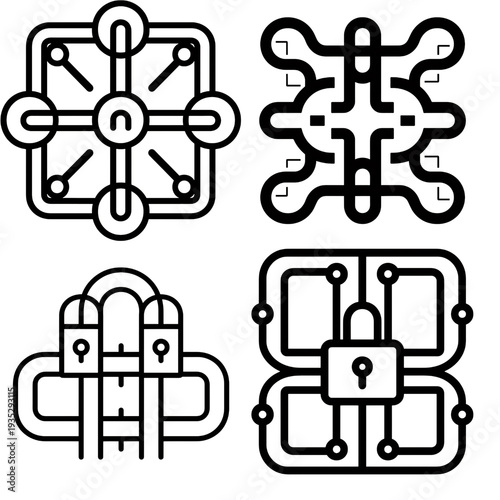 Abstract digital network icons with padlock and circuit board elements