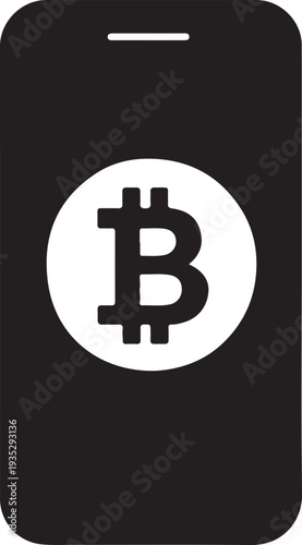 A black smartphone displays a large white circular icon featuring the bitcoin symbol prominently centered on screen high quality professional detailed modern