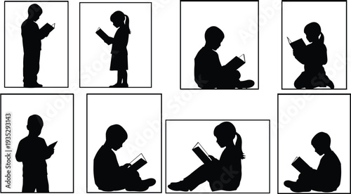 Educational Silhouette Collection of Young Boy and Girl Children Reading Books in Various Sitting and Standing Poses for School Learning Vector Design
