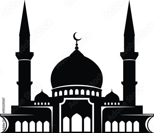 Elegant Black Mosque Silhouette with Grand Minarets and Crescent Moon Symbol on White Background for Ramadan Kareem and Islamic Religious Design
