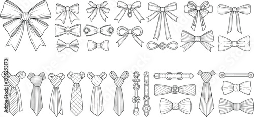 Decorative ribbon bows and necktie accessories collection, elegant fashion bowknot elements set for clothing design, cad drawing flat vector illustration
