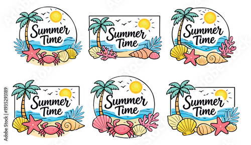 Hand drawn line art summer emblems set featuring beach scenes with palm trees, sun, sea, seashells, starfish, and crabs, along with "Summer Time" lettering for seasonal vacation promotions and