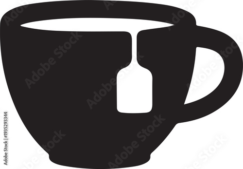 A minimalist black and white illustration depicts a teacup with a tea bag inside showcasing simplicity high quality professional detailed modern elegant