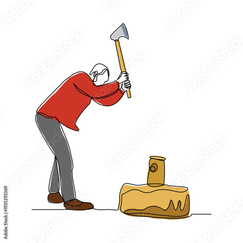 Continuous line sketch drawing of lumberjack holding axe to logging wood tree vector illustration single one stroke editable