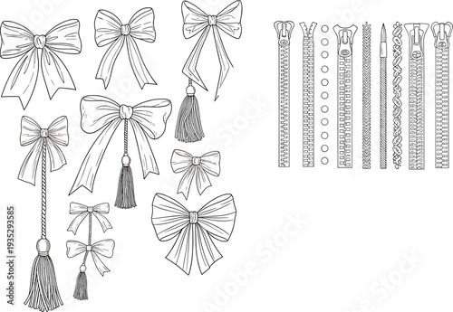 Decorative ribbon bows, tassels and zipper trims collection, fashion sewing accessories elements set, cad drawing flat vector illustration