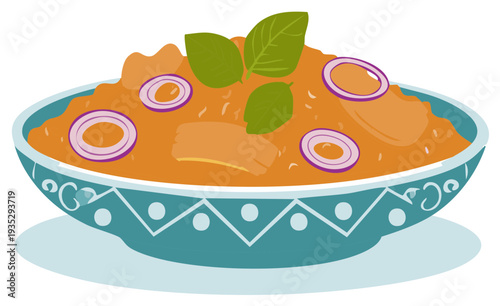 Bowl of orange stew garnished with purple onion rings and green basil leaves