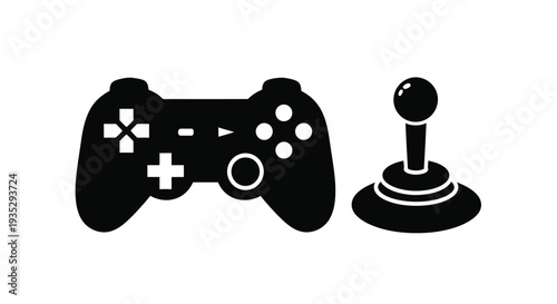 Black silhouette icons of a gamepad and arcade joystick