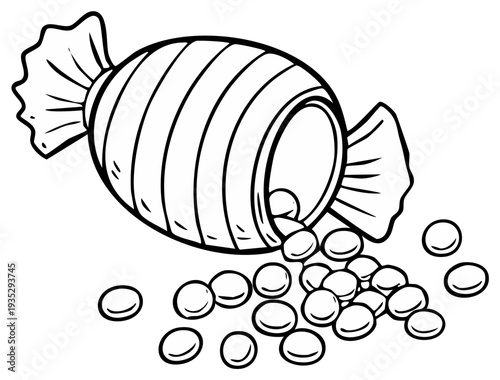 Line Art Illustration: Wrapped Candy Spilling Small Candies, Sweet Treat Outlines, Black and White Drawing