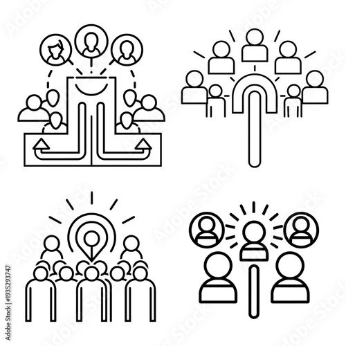 Teamwork and collaboration icons representing ideas, leadership, and connection.