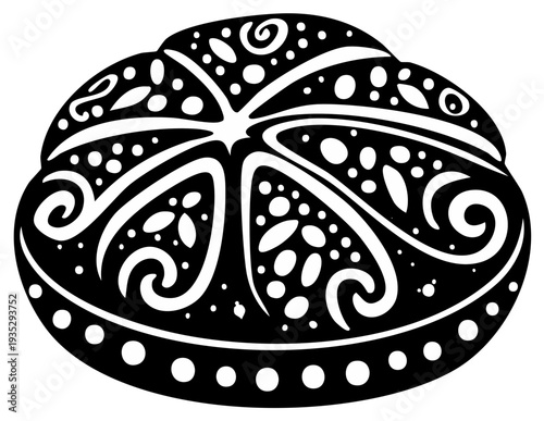Abstract floral design element with intricate patterns in black and white
