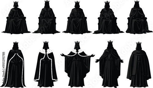 Black silhouette collection of kings wearing crowns and robes sitting on thrones and standing in majestic poses for royal vectors.