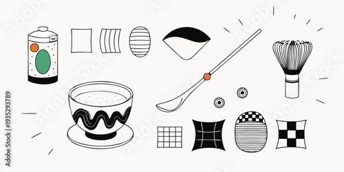 Hand Drawn Matcha Tea Ceremony Utensils and Decorative Elements on White Background whisk chasen