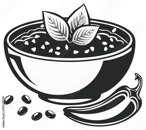 Hearty Bowl of Chili with Fresh Basil and Spicy Jalapeño Pepper Illustration