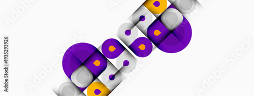 Abstract design features purple circles, gray rectangles, yellow dots. Shapes overlap creating dynamic visual pattern. Modern aesthetic.