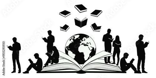 Black and white silhouette illustration of people reading books, globe emerging from open book, symbolizing global education, flat vector illustration