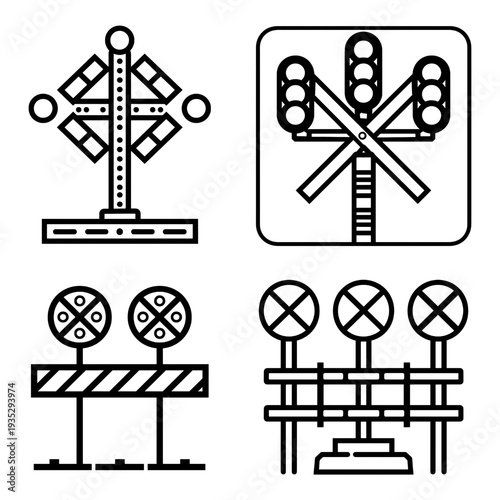 Collection of stylized railroad crossing signal icons in a clean line art style