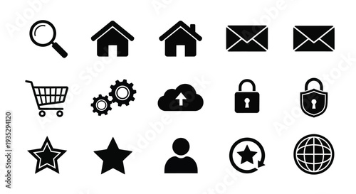 Collection of simple black vector icons representing common digital actions