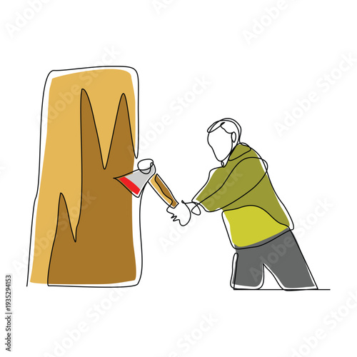 Continuous line sketch drawing of lumberjack holding axe to logging wood tree vector illustration single one stroke editable