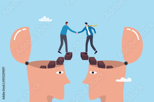 Open minded collaboration to success, understanding mindset, thinking cooperation to win together, agreement or union thought, interaction, business people walk stair handshaking on open minded head.