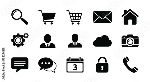 Collection of black silhouette icons representing common website and app features