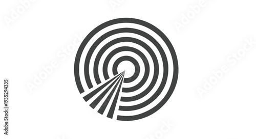 Black and white illustration of a circular maze or labyrinth with a path leading outwards.