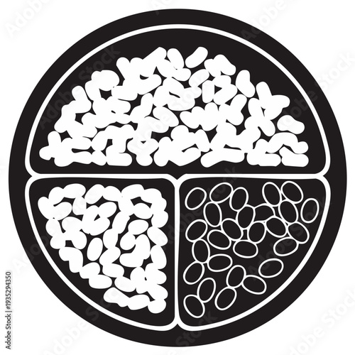 Assorted beans arranged neatly in three sections of a round black plate monochrome