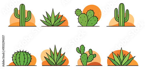 Flat line art desert plant set featuring various cacti and succulents for nature themed design