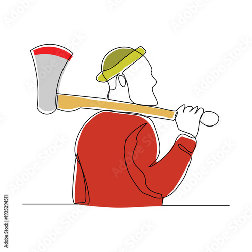 Continuous line sketch drawing of lumberjack holding axe to logging wood tree vector illustration single one stroke editable