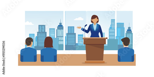 A professional woman in a blue suit stands confidently behind a wooden podium, gesturing as she delivers a speech to a silhouette audience against a backdrop of large windows and city ... See More