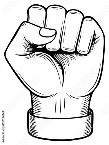 Close up graphic illustration of a clenched fist raised in defiance or solidarity with engraved hatching details